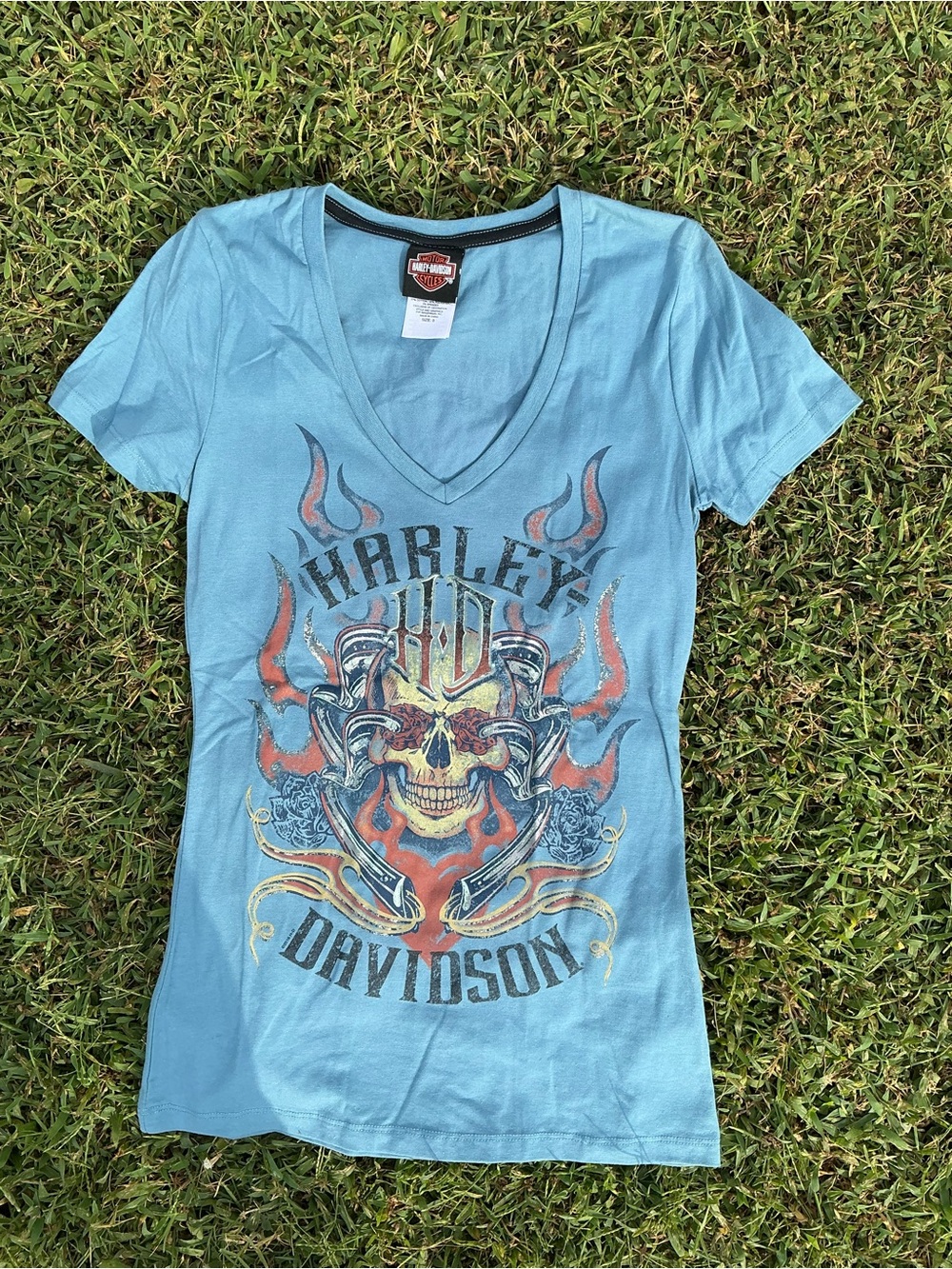 Harley-Davidson Light Blue V-Neck Skull & Flame Graphic Tee